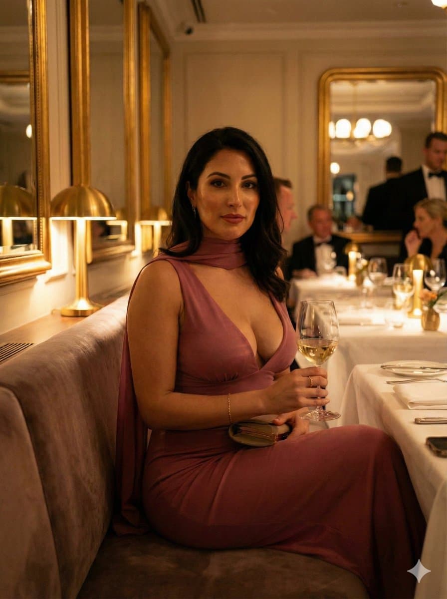 Elegant Woman in Formal Dress at Sophisticated Restaurant - Portrait Photography AI prompt