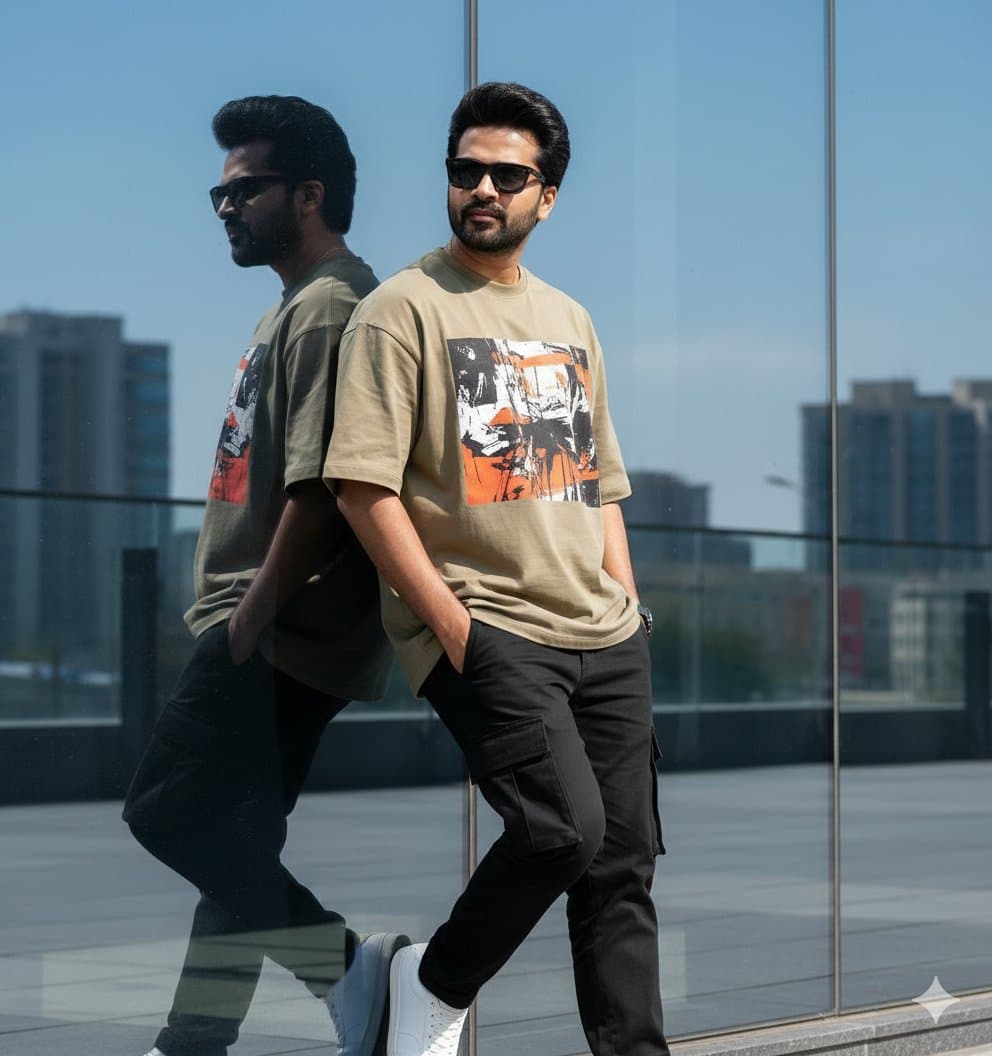 Man in Street Fashion: Urban Style, Cargo Pants & Graphic Tee - Fashion Photography AI prompt