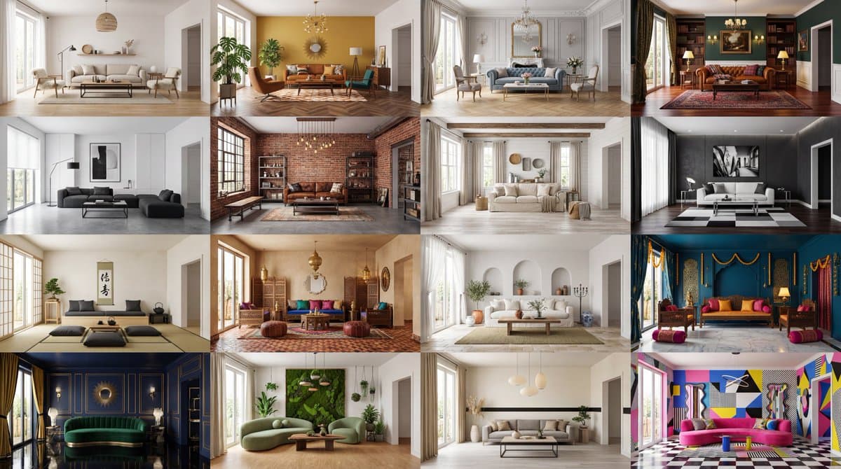 16 Diverse Living Room Interior Designs & Home Decor Inspiration - Architecture Interiors AI prompt