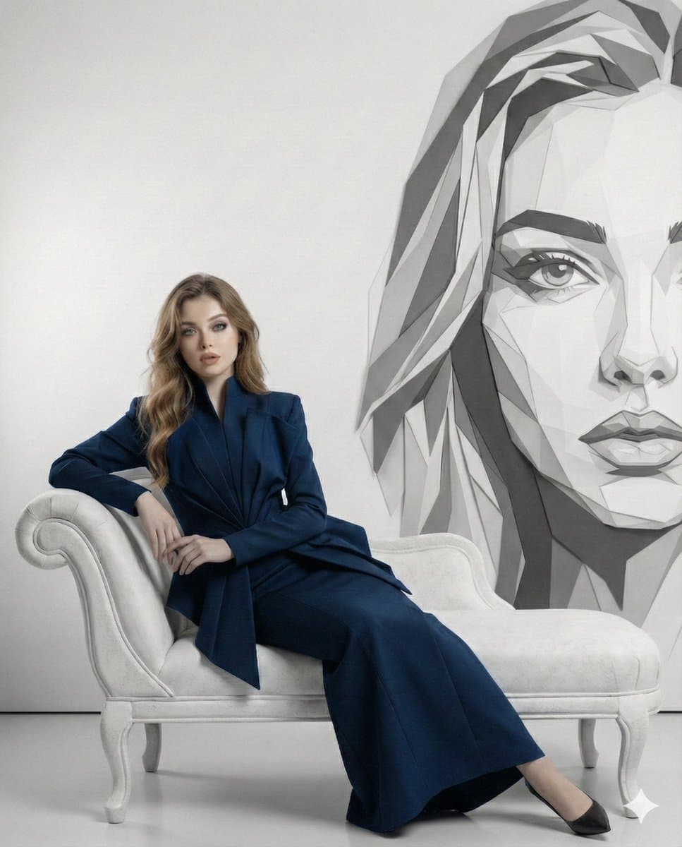 Elegant Woman in Blue Suit, Chaise Lounge, Geometric Art - Fashion Photography AI prompt