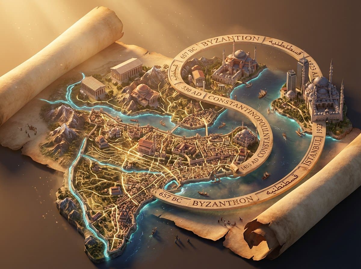 City Evolution: Byzantion, Constantinople, Istanbul Map - Urban Cityscapes AI prompt