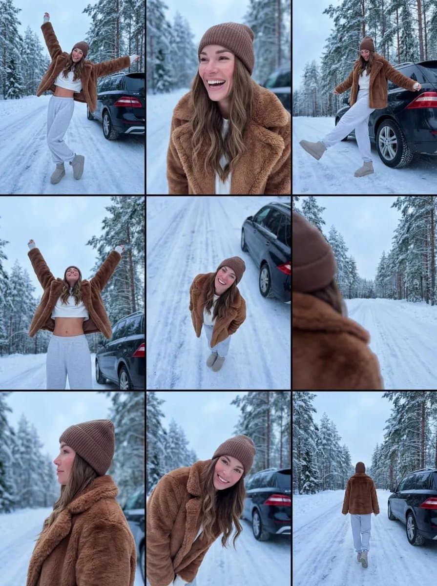 Winter Fashion in Snowy Forest - Cheerful Woman Portrait - Fashion Photography AI prompt