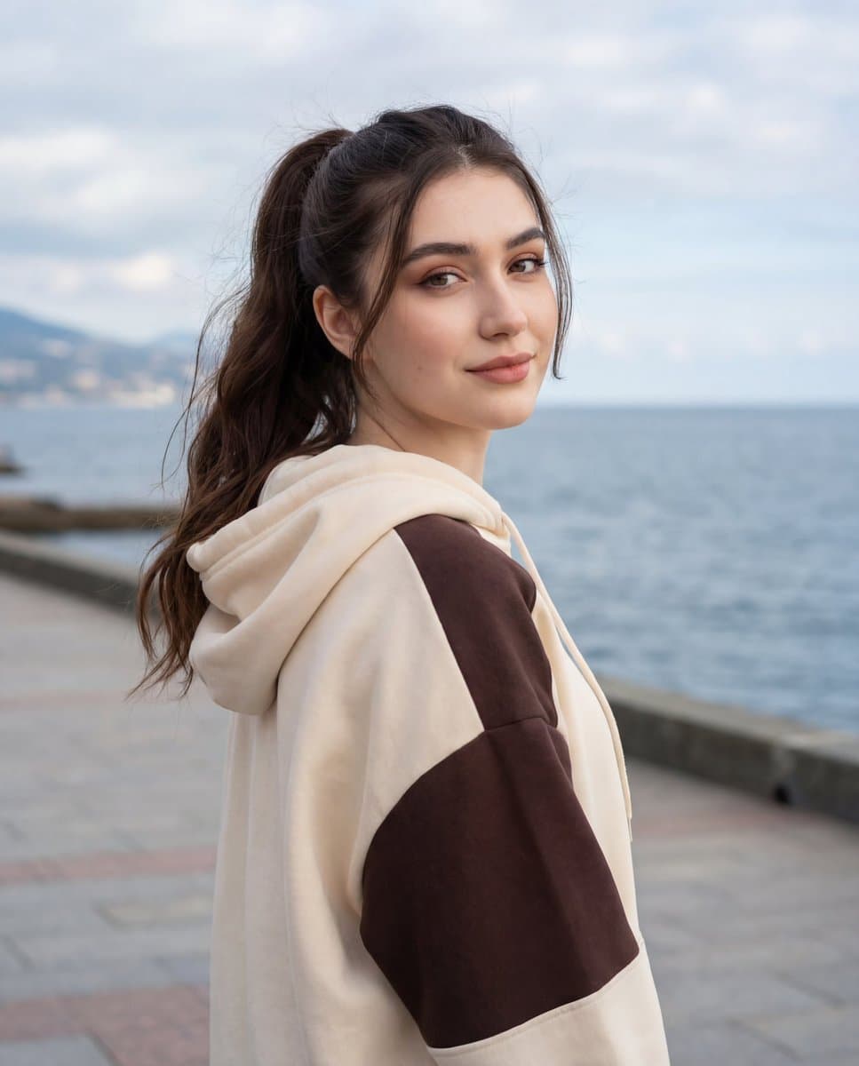 Young Woman Portrait in Hoodie by Sea - Serene Outdoor - Portrait Photography AI prompt