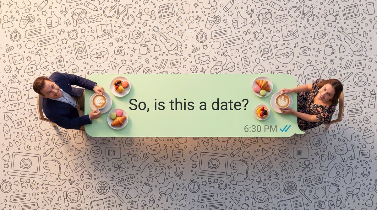 WhatsApp Coffee Date Ad: Overhead View, Cheerful Couple - Portrait Photography AI prompt