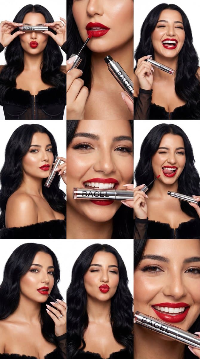Woman Posing with Red Lip Gloss | Beauty Product Shoot - Product Photography AI prompt