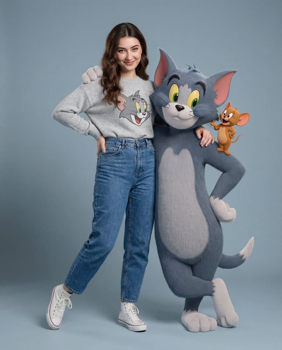Woman with Tom and Jerry Characters Fashion Portrait - Fashion Photography AI prompt