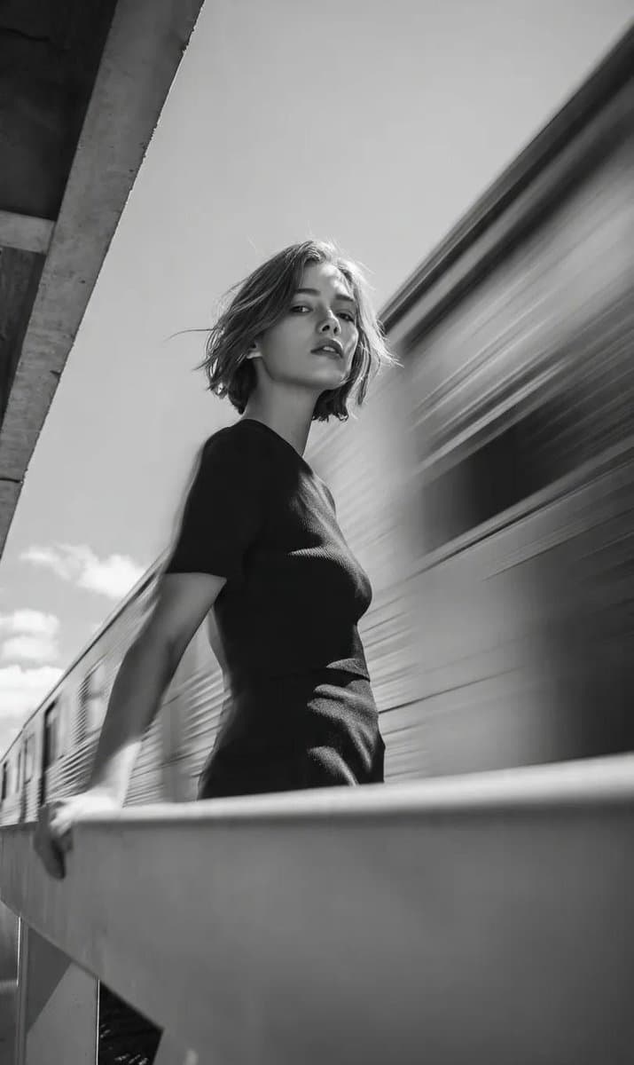 Black and White Dynamic Portrait with Motion Blur Train - Portrait Photography AI prompt