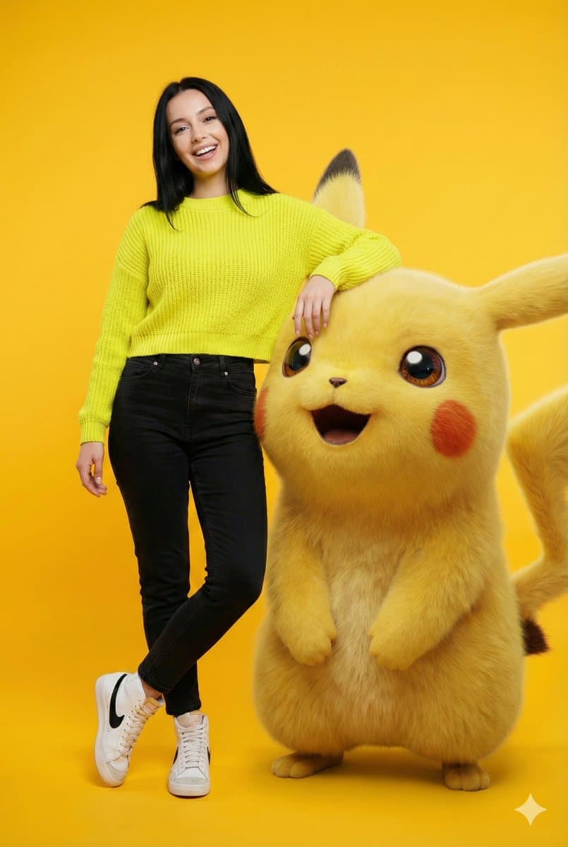 Cheerful Woman Posing with Pikachu - Pokémon Studio Photo - Portrait Photography AI prompt