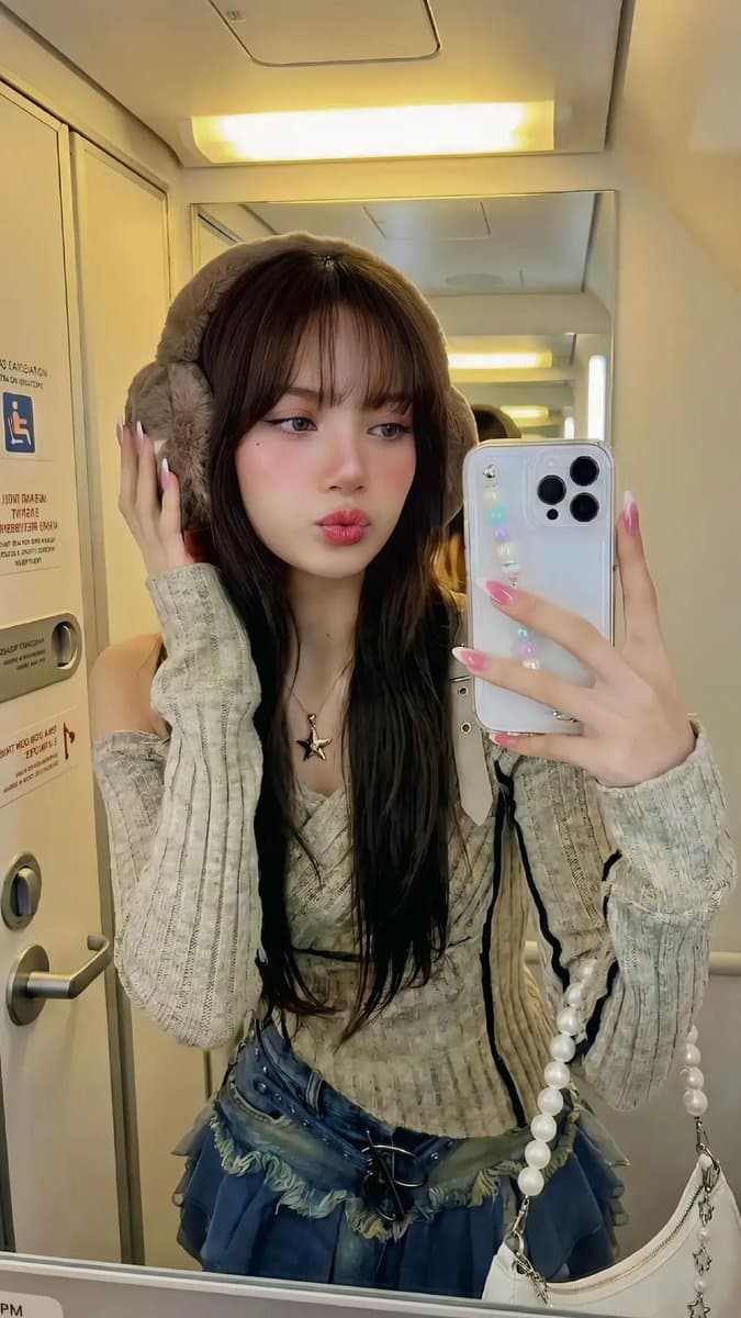 Stylish Young Woman Selfie with Earmuffs on Airplane - Fashion Photography AI prompt