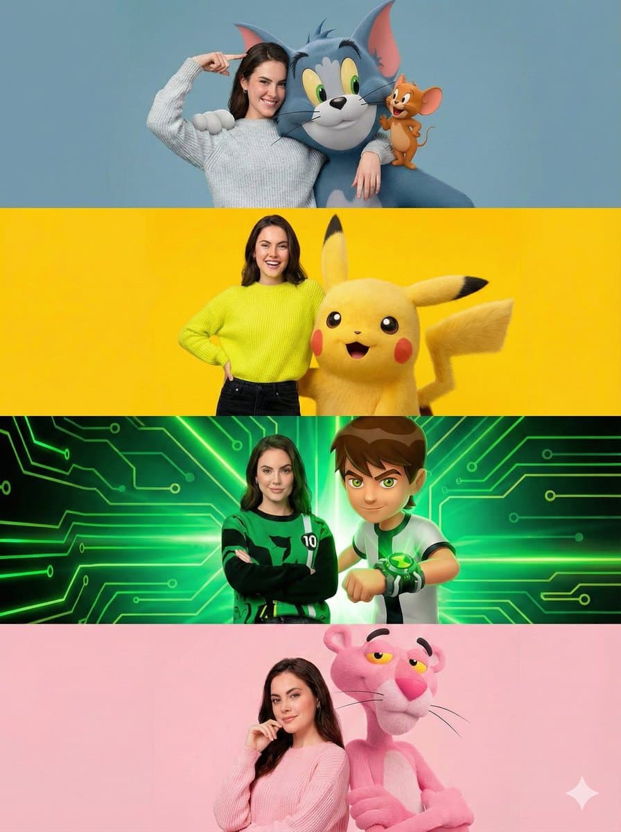 Woman with Tom and Jerry, Pikachu, Ben 10, Pink Panther - Portrait Photography AI prompt
