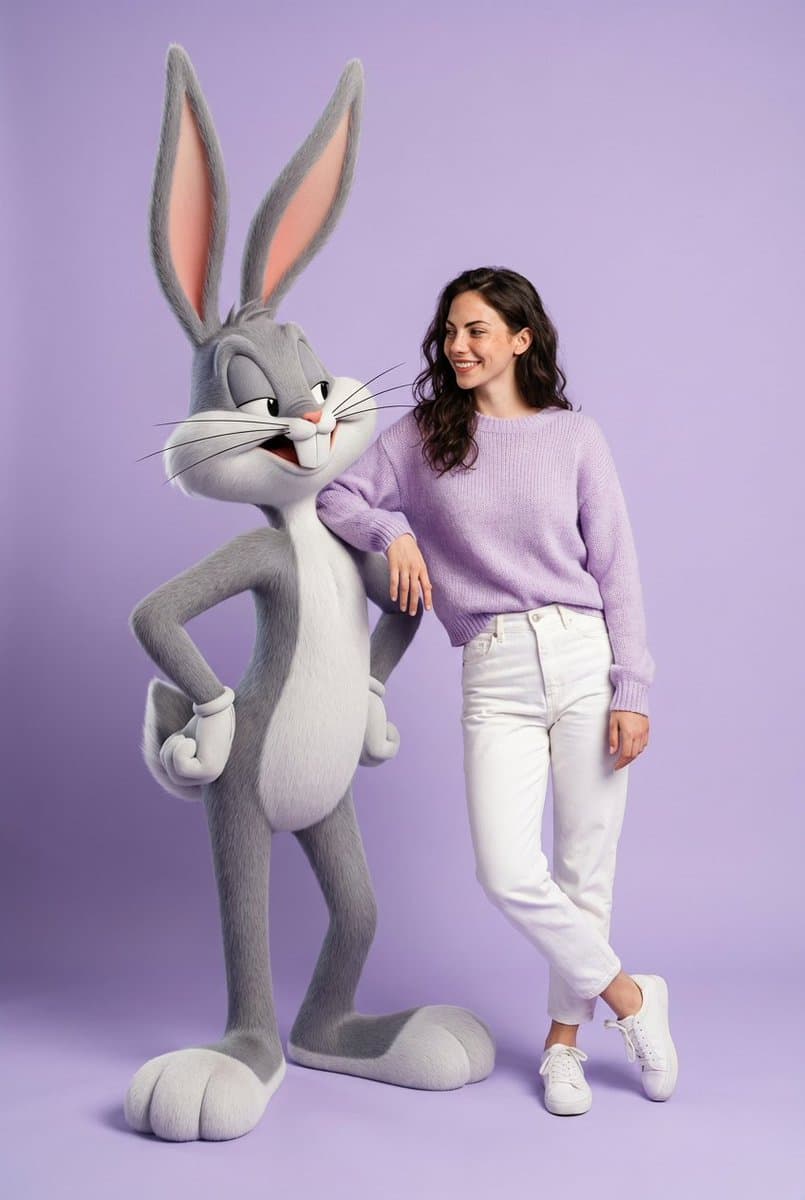 Cheerful Portrait of Woman with Bugs Bunny on Purple - Portrait Photography AI prompt