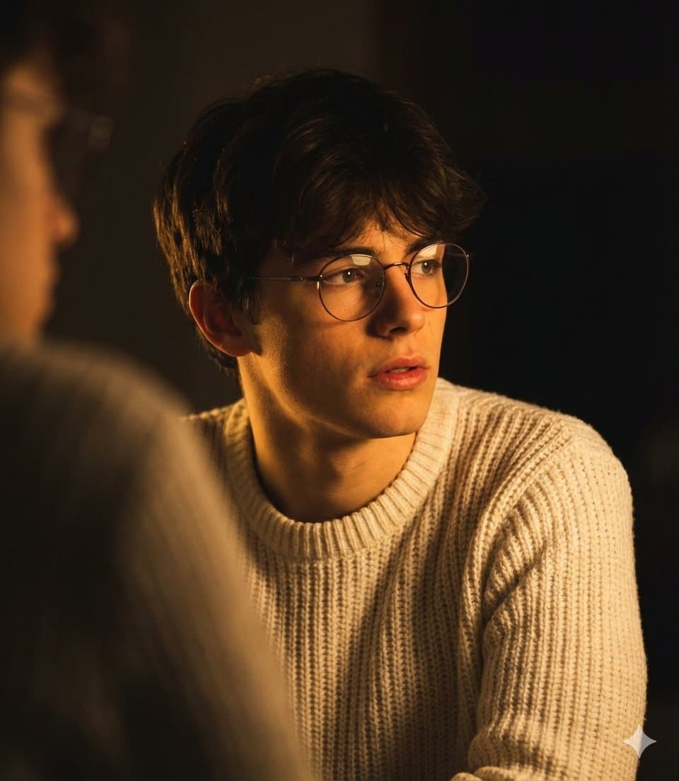 Pensive Young Man with Glasses in Warm Photorealistic Portrait - Portrait Photography AI prompt