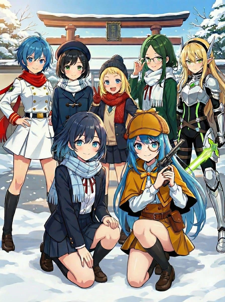 Anime Girls Winter Scene: Fantasy & Mystery Torii Gate - Anime Manga AI prompt