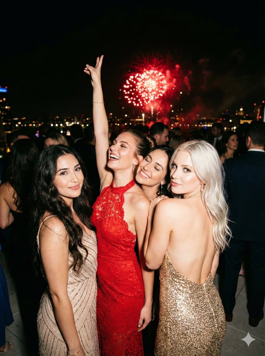 Elegant Women, Formal Dresses, Fireworks Night Event - Portrait Photography AI prompt