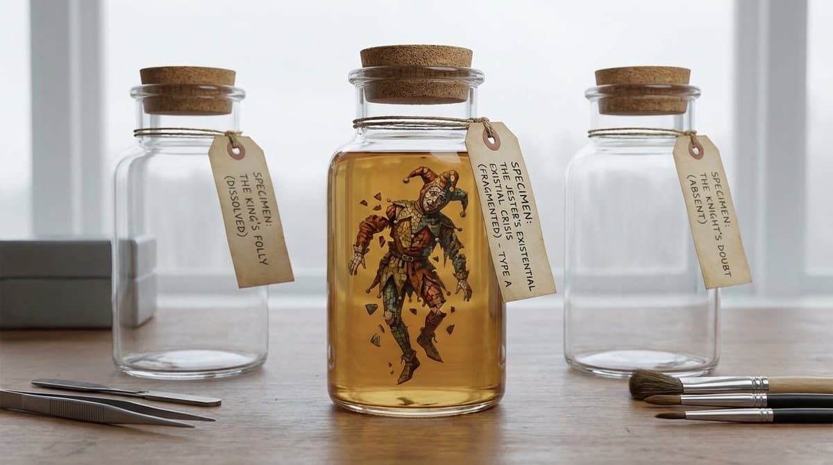 Conceptual Art: Jester's Existential Crisis Specimen Jars - Fantasy Scifi AI prompt