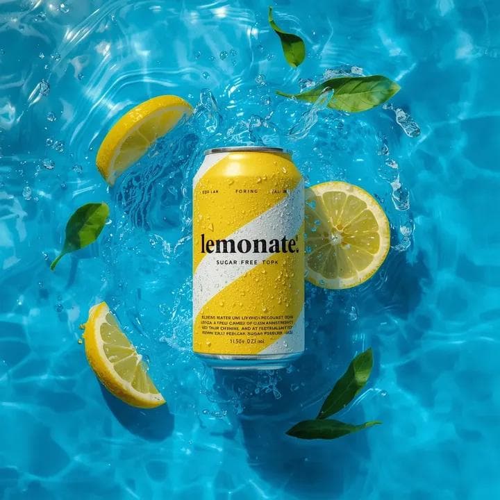 Refreshing Lemonade Can Product Photography - Water Splash - Product Photography AI prompt