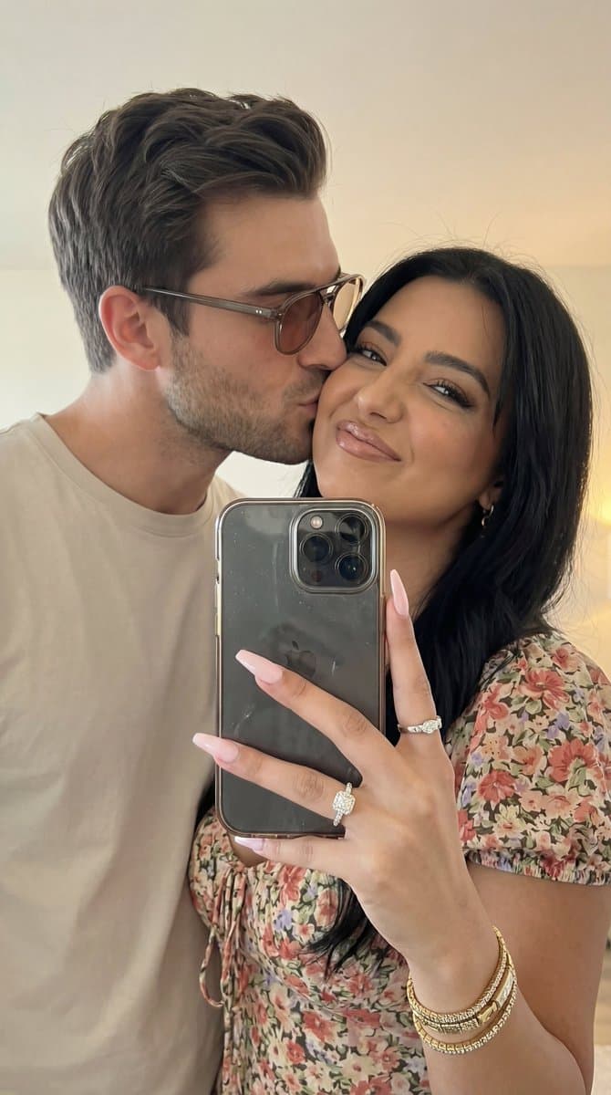 Affectionate Couple Portrait with Engagement Ring Selfie - Portrait Photography AI prompt
