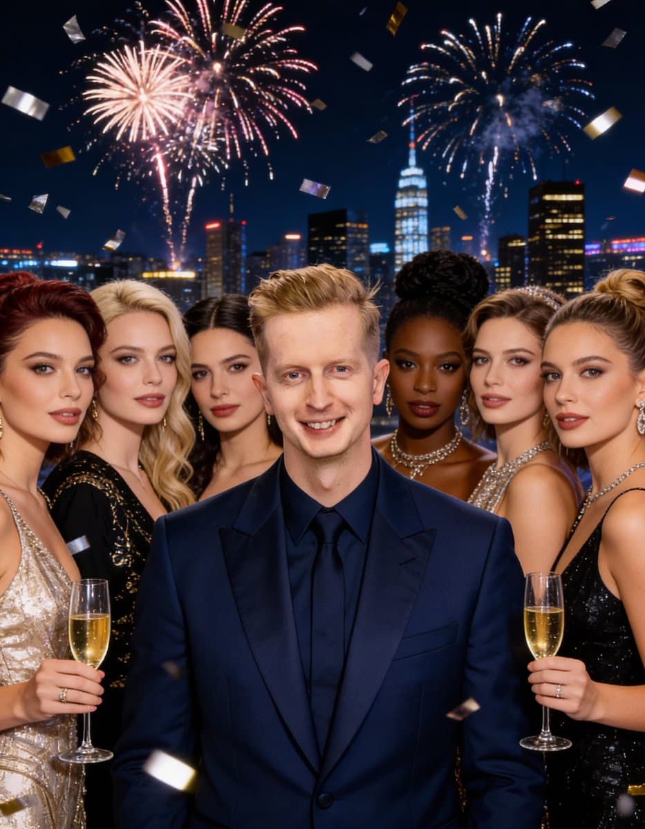 New Year's Eve Celebration Portrait with Fireworks - Portrait Photography AI prompt