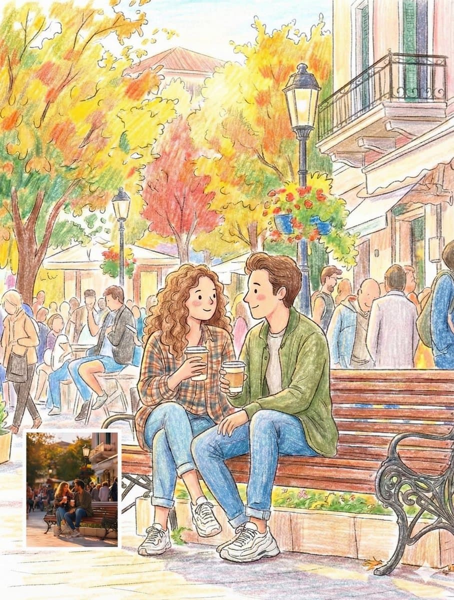 Cozy Autumn Couple Illustration in City Street Scene - Urban Cityscapes AI prompt