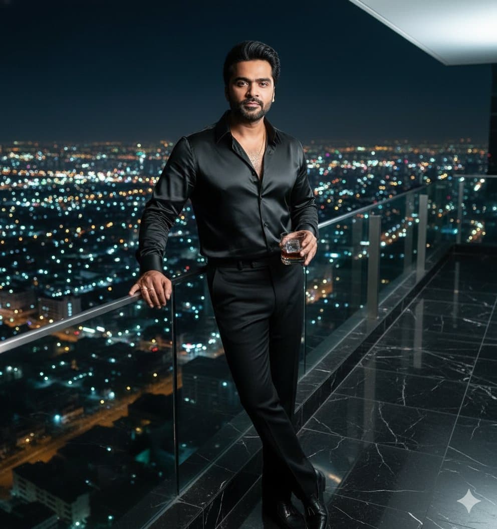 Elegant Man in Black on Urban Balcony | Night City Fashion - Fashion Photography AI prompt