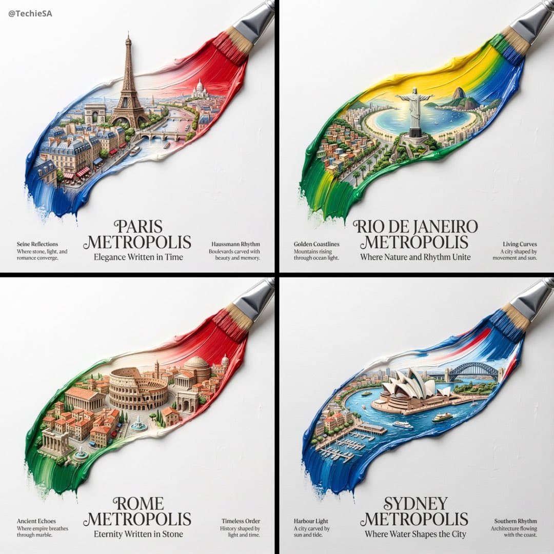 Vibrant World Cityscapes: Paris, Rio, Rome, Sydney Art - Urban Cityscapes AI prompt