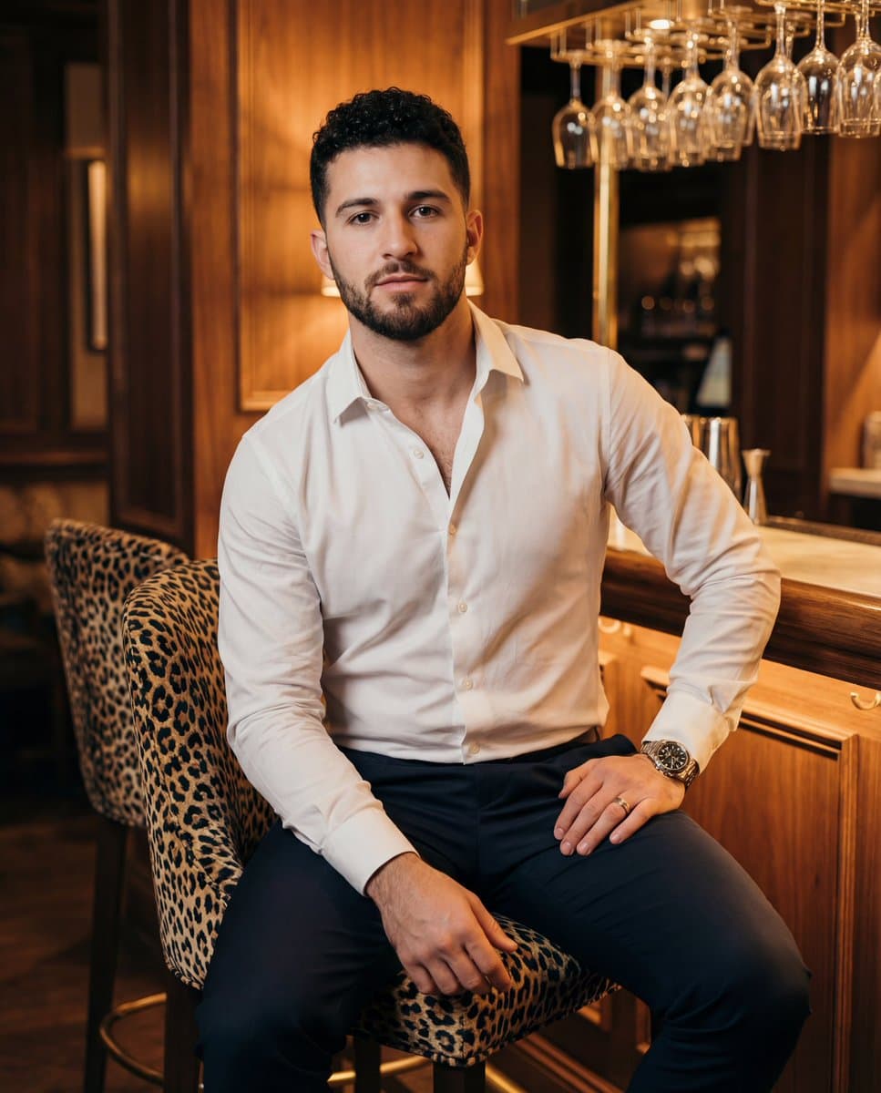 Confident Man in Bar Setting: Professional Male Portrait - Portrait Photography AI prompt