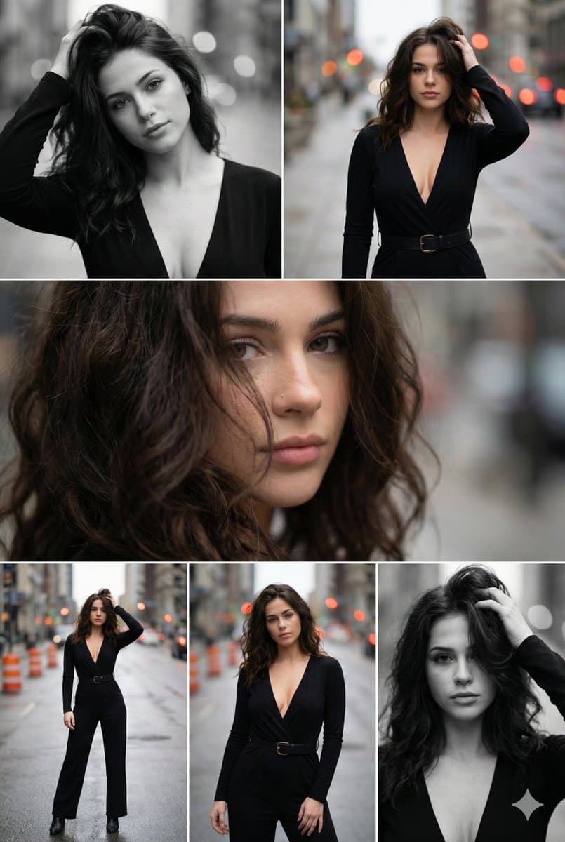Fashion Portrait: Woman in Black Jumpsuit on City Street - Fashion Photography AI prompt