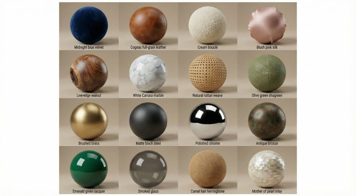 High-Quality Material Textures: Velvet, Marble, Wood, Metal - Product Photography AI prompt