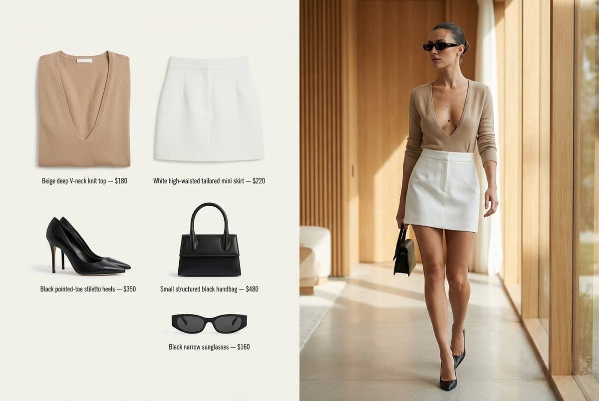 Elegant Fashion: Beige Knit Top, White Mini Skirt & Heels - Fashion Photography AI prompt