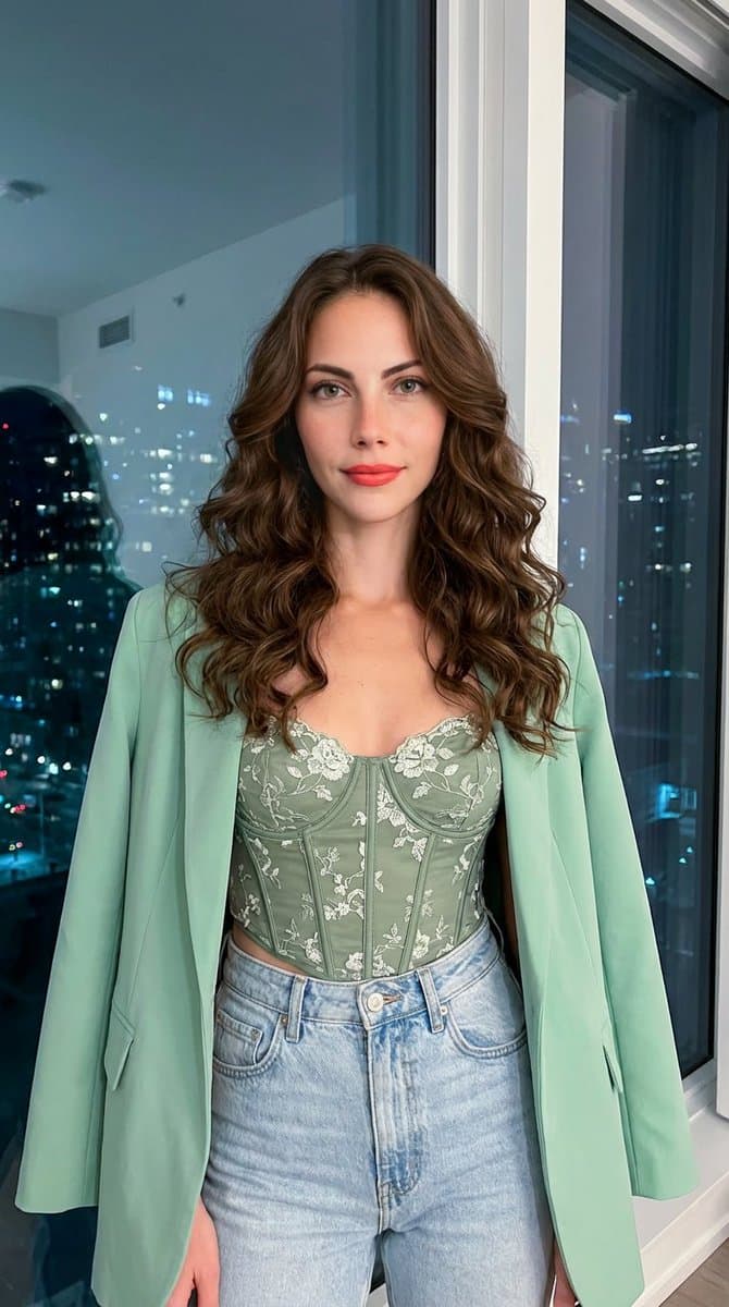 Stylish Woman in Green Corset, Blazer & Jeans Outfit - Fashion Photography AI prompt