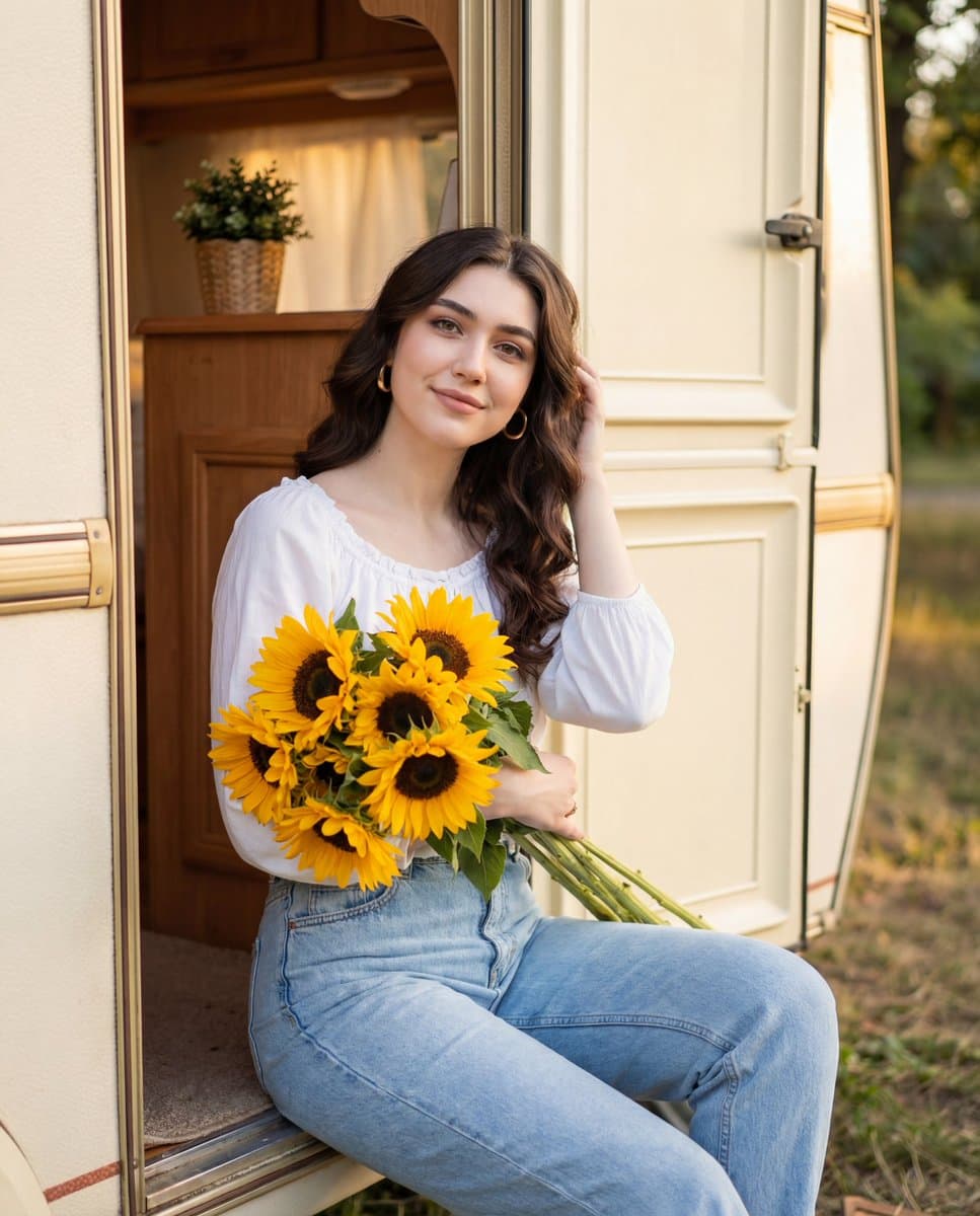 Young Woman with Sunflowers in Camper Van Doorway Portrait - Portrait Photography AI prompt