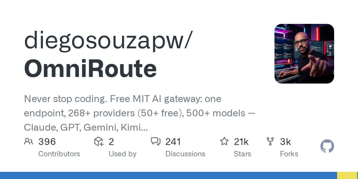 GitHub preview card for diegosouzapw's OmniRoute AI gateway repository