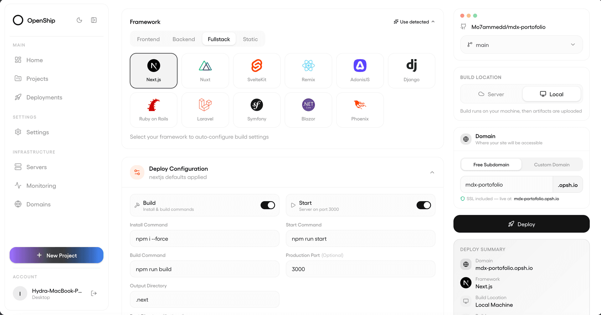 Official OpenShip dashboard showing Next.js framework detection and local deployment configuration