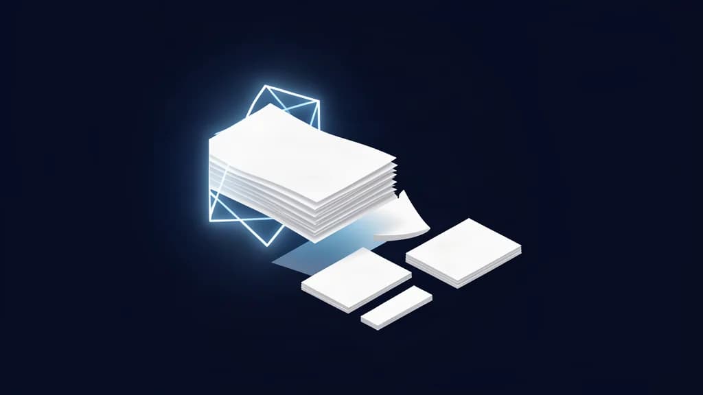 Floating blank document pages flowing into a structured evaluation set