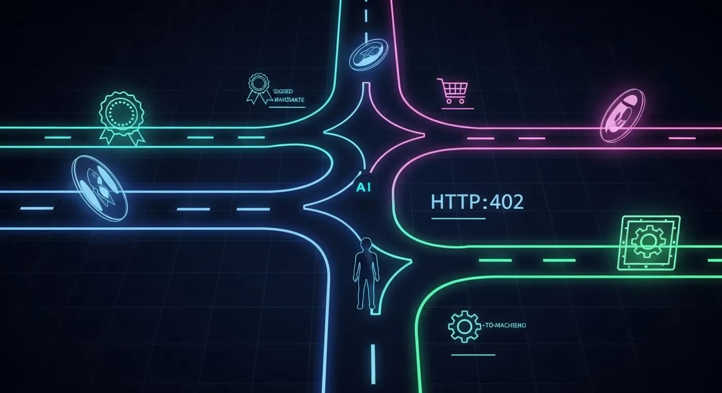 Illustration of four parallel glowing payment-protocol lanes with an AI agent choosing between them