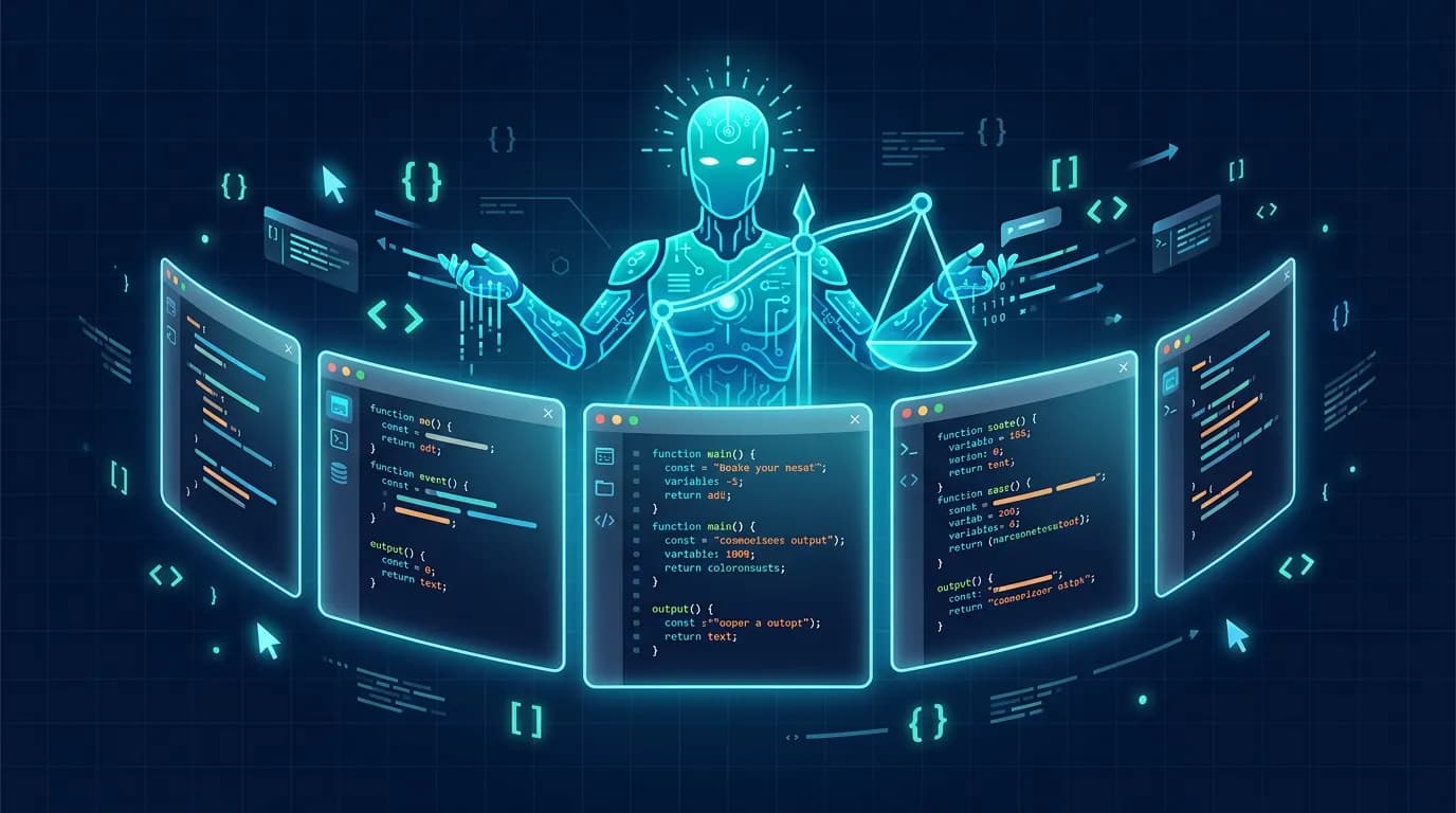 Illustration comparing several AI coding agent windows with an AI agent weighing the options
