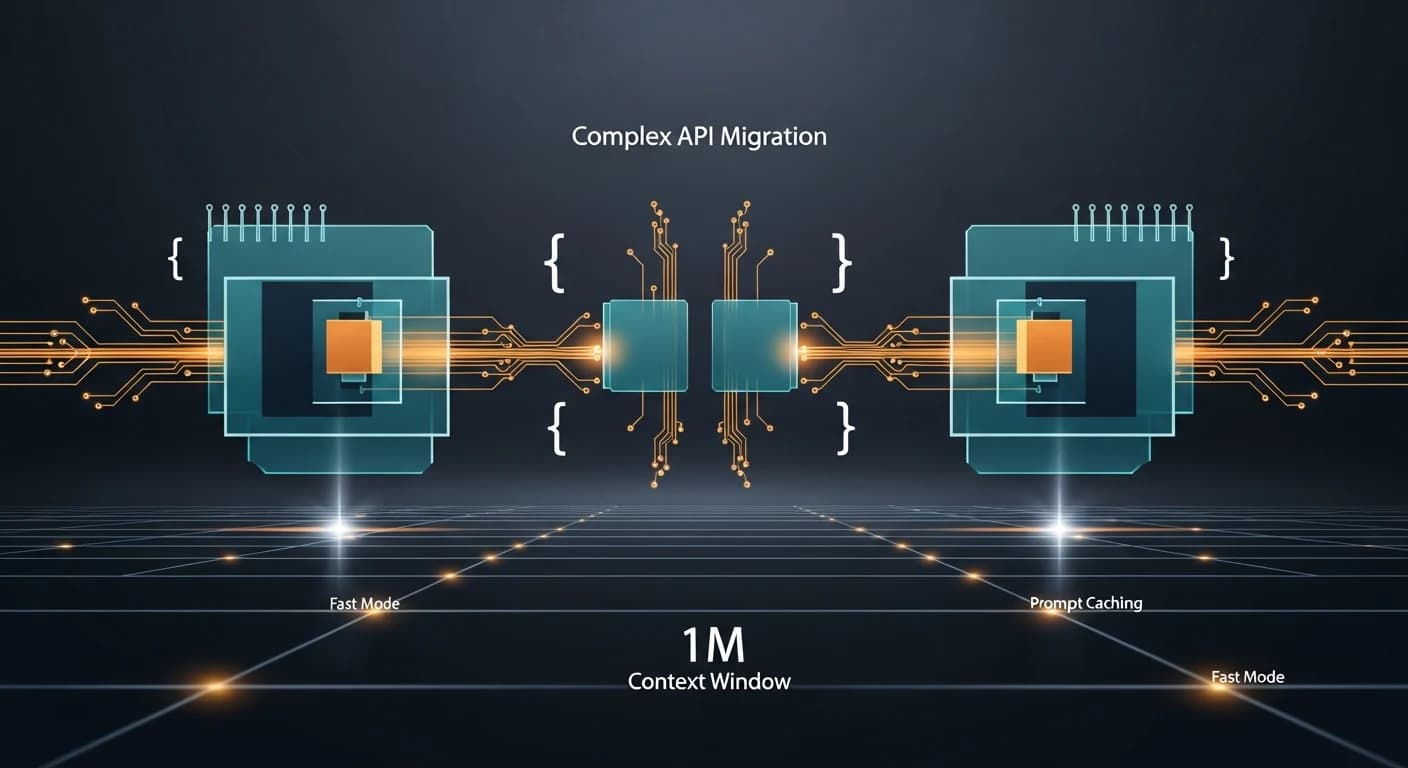 Editorial hero illustration for Claude Opus 4.8 API migration showing model upgrade circuitry, 1M context, fast mode, and prompt caching.