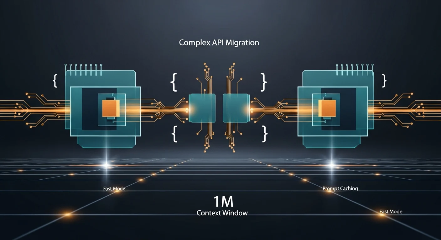 Editorial hero illustration for Claude Opus 4.8 API migration showing model upgrade circuitry, 1M context, fast mode, and prompt caching.