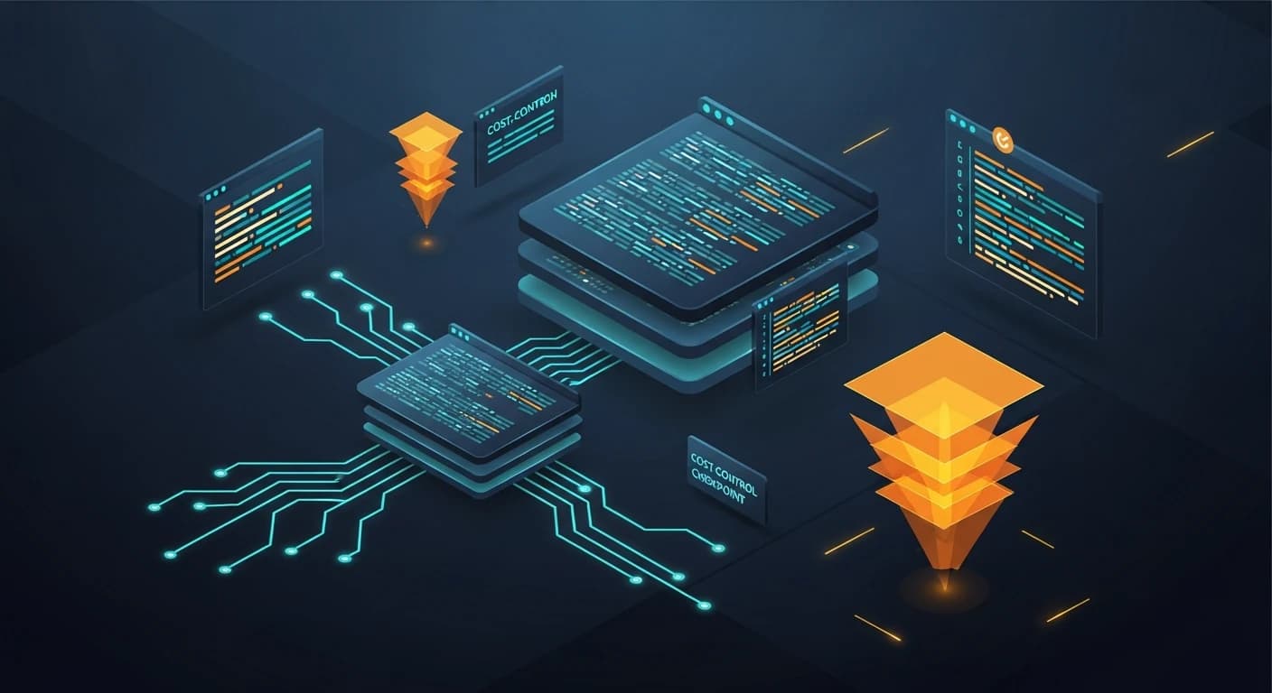 Editorial hero illustration for Claude Code dynamic workflows showing orchestration layers, subagent panels, and cost-control nodes.