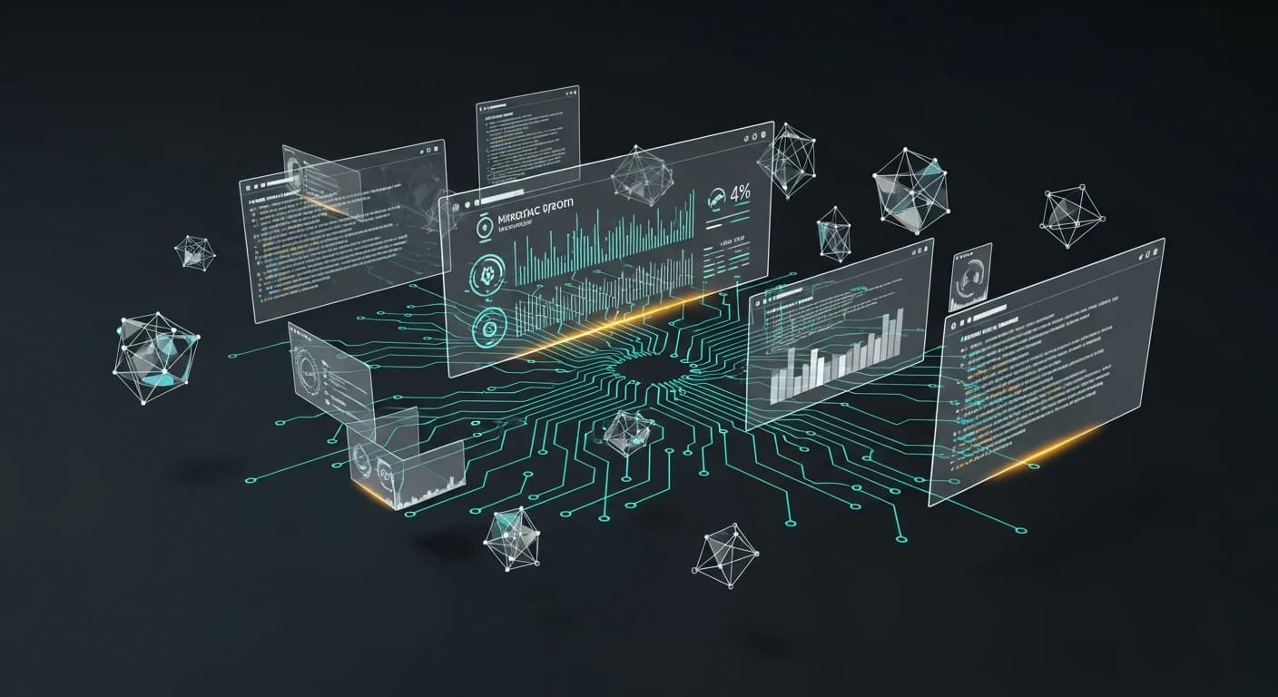 Editorial hero illustration for Claude Opus 4.8 showing benchmark panels, code review dashboards, and long-running agentic work.