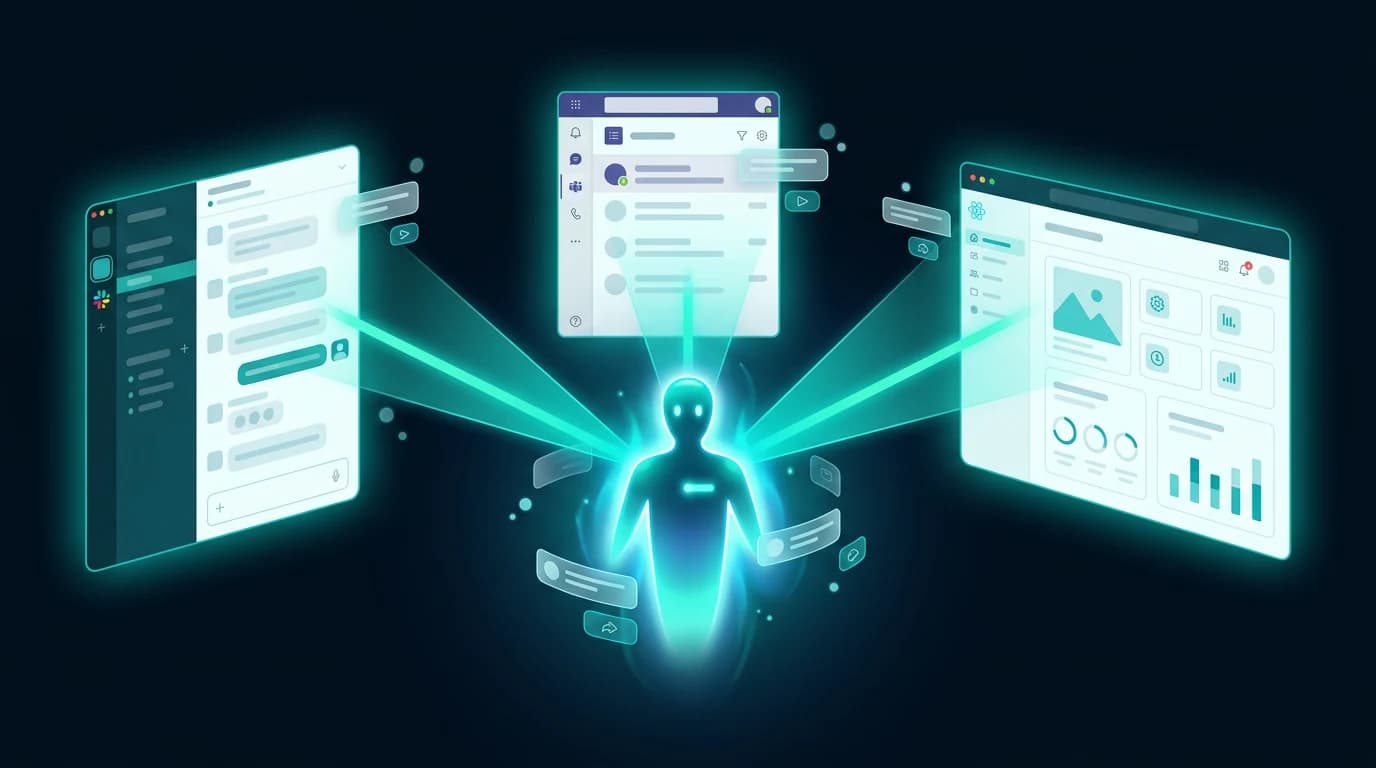Editorial diagram of one AI agent broadcasting to Slack, Teams and a web chat surface through connected beams