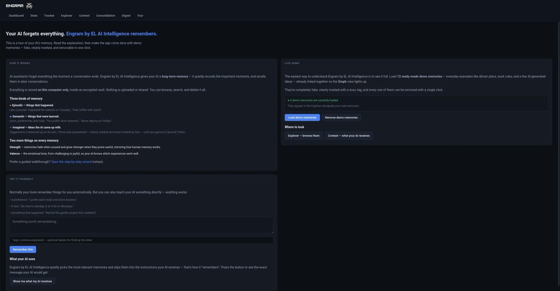 Engram onboarding tour showing the three memory kinds, strength and valence, a remember form, and a demo memory loader.