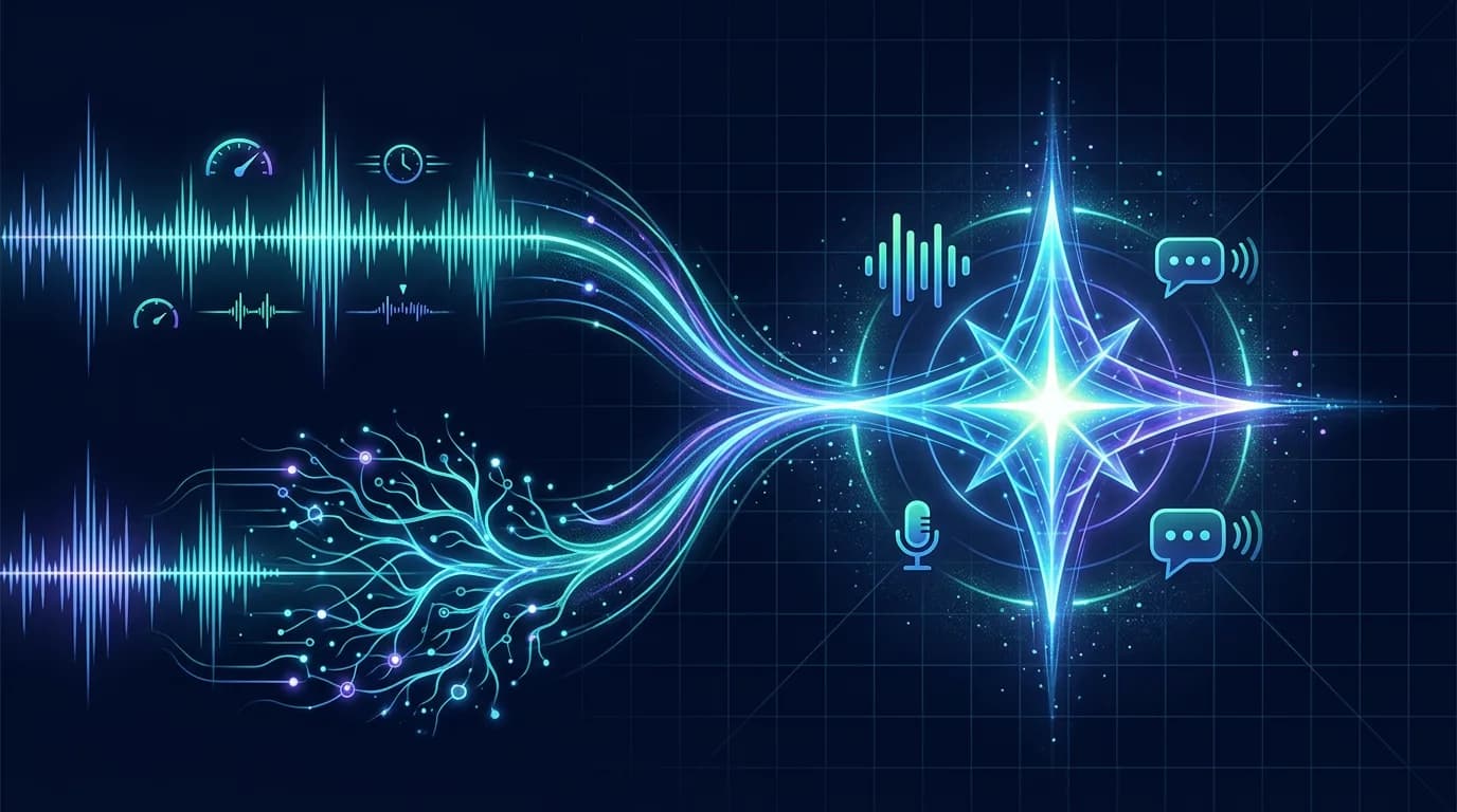 Editorial illustration of two glowing audio waveforms merging into a single stream, representing conversation and reasoning running in parallel.
