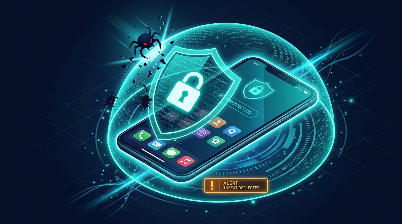 Illustration of a mobile app protected by a shield with obfuscated-code and RASP motifs