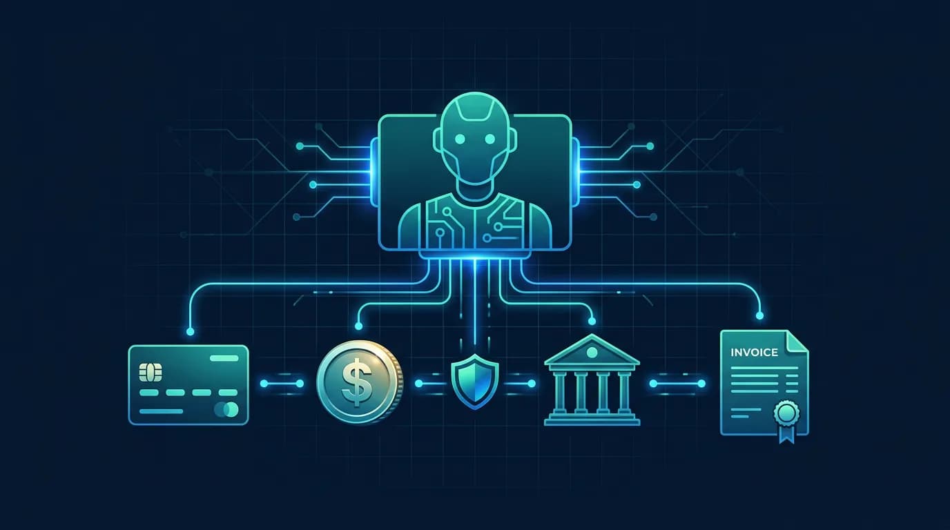 Illustration of an AI agent connected to payment modules — card, stablecoin, bank, invoice — over glowing MCP socket lines, with a small guardrail node among them
