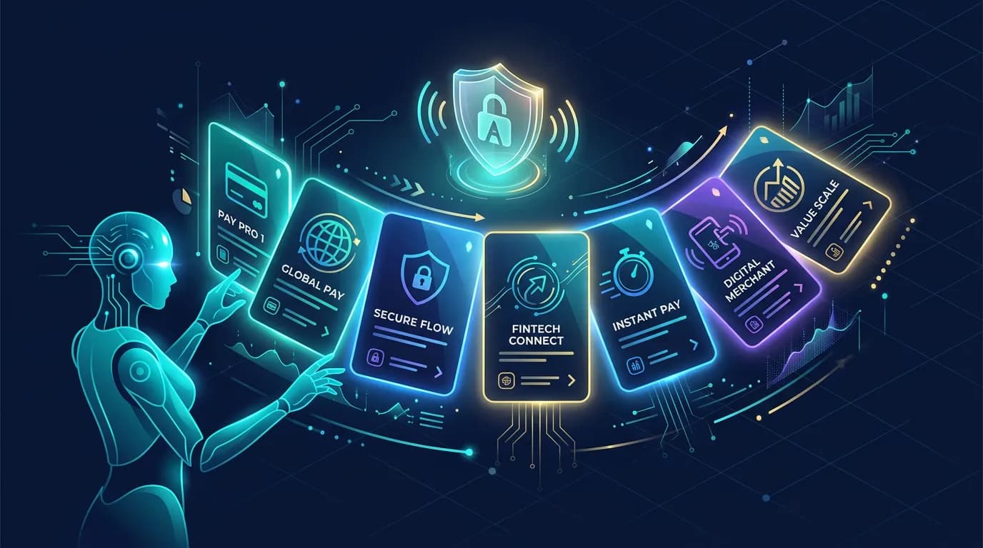 Illustration of several glowing payment-provider option cards fanned out with an AI agent choosing between them, and a small trust layer above them