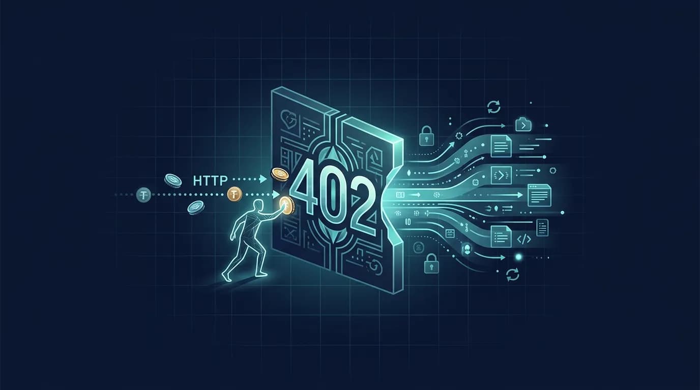 Illustration of a client agent hitting an HTTP 402 gateway, paying with a stablecoin token, and the gateway opening to serve data