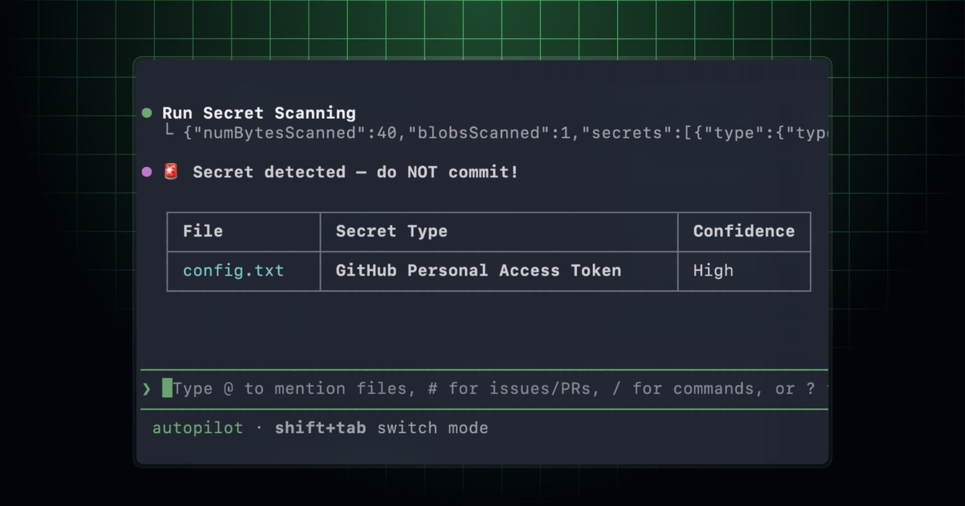 Secret scanning results surfaced in an MCP-enabled developer workflow