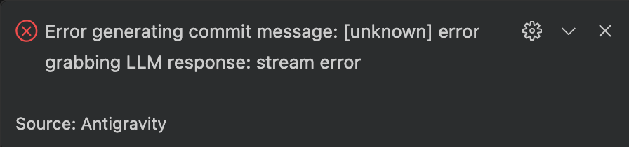 修正：Antigravityでのエラー Generate commit message: [unknown] error grabbing ...